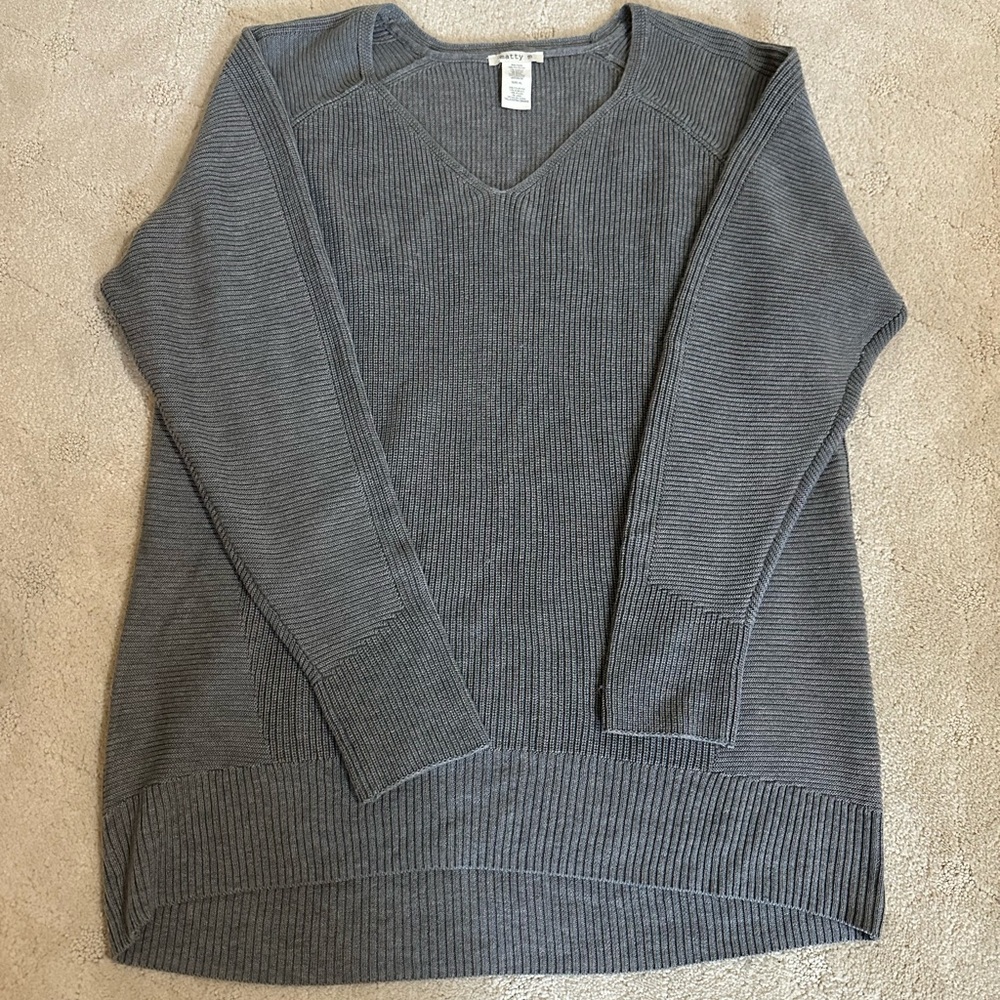 Matty M Gray V-Neck Sweater with Ribbed Detailing